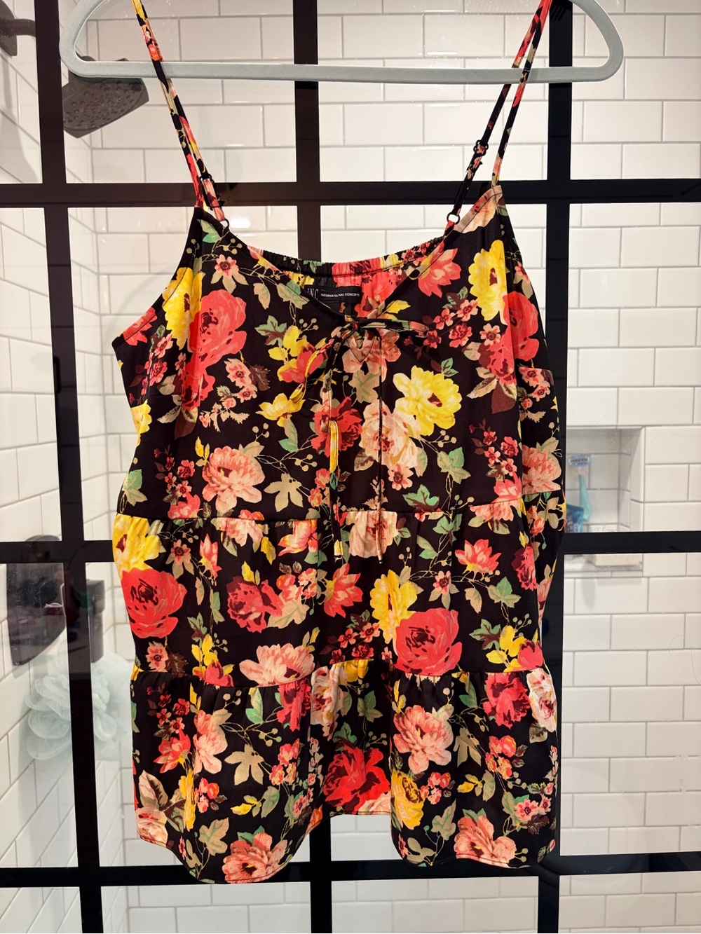 INC Floral Tiered Spaghetti-Strap Top in Black with Pink & Yellow Flowers